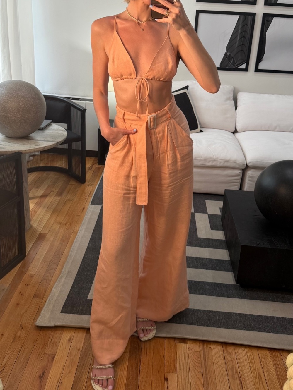 Matthew Bruch Crop Top & High-Rise Wide-Leg Linen Pants Matching Set in Peach